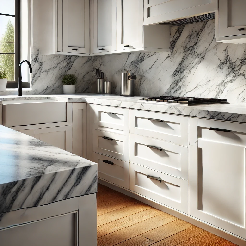 A close up photorealistic shot of a modern kitchen featuring white shaker inset cabinets with matte black hardware including knobs on the cabinets