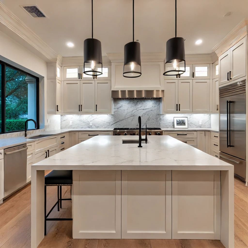 A luxurious modern kitchen with perfect white shaker inset cabinets featuring a sleek quartz countertop with waterfall edges and matte black hardware