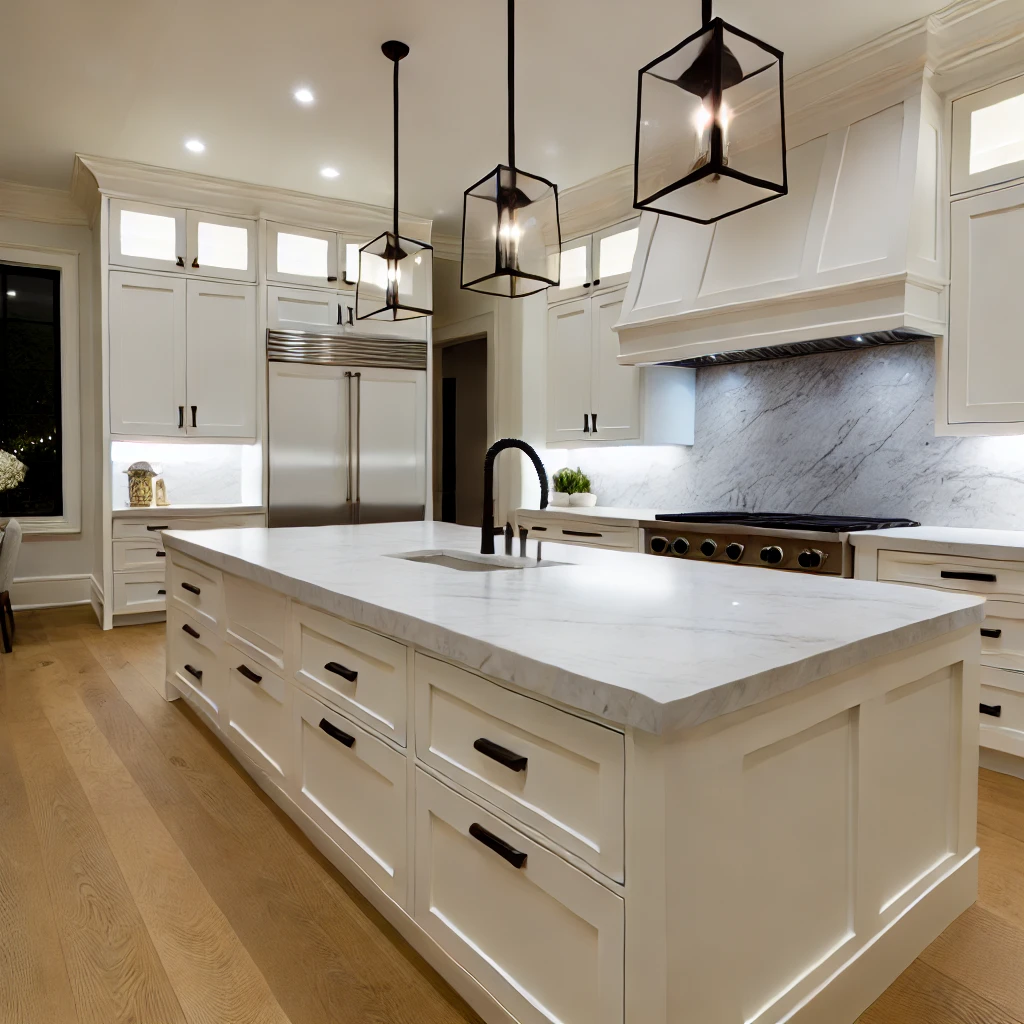 luxurious modern kitchen with perfect white shaker inset cabinets featuring a sleek quartz countertop with waterfall edges and matte black hardware